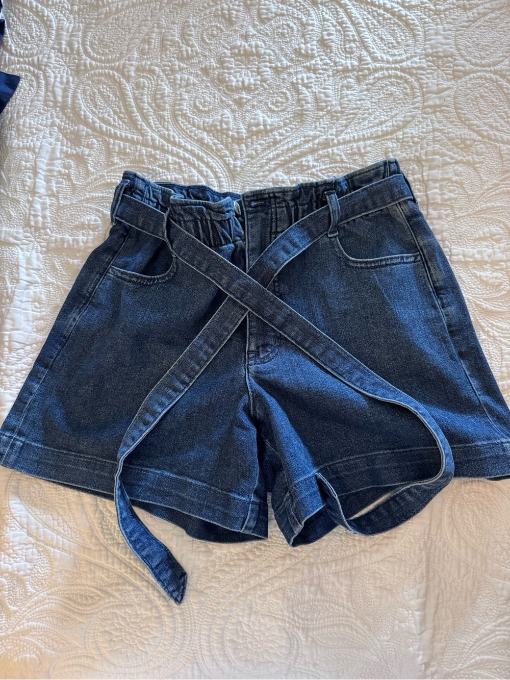 J. Crew Dark Blue High-Waist Denim Paperbag Shorts with Self-Tie